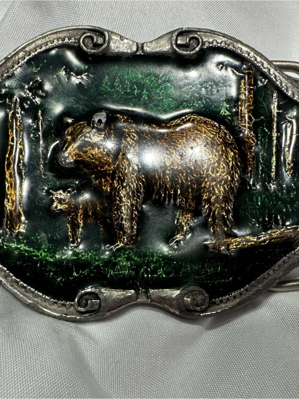 Green and Gold Bear Relief Leather Belt Buckle - Men’s Western Accessory